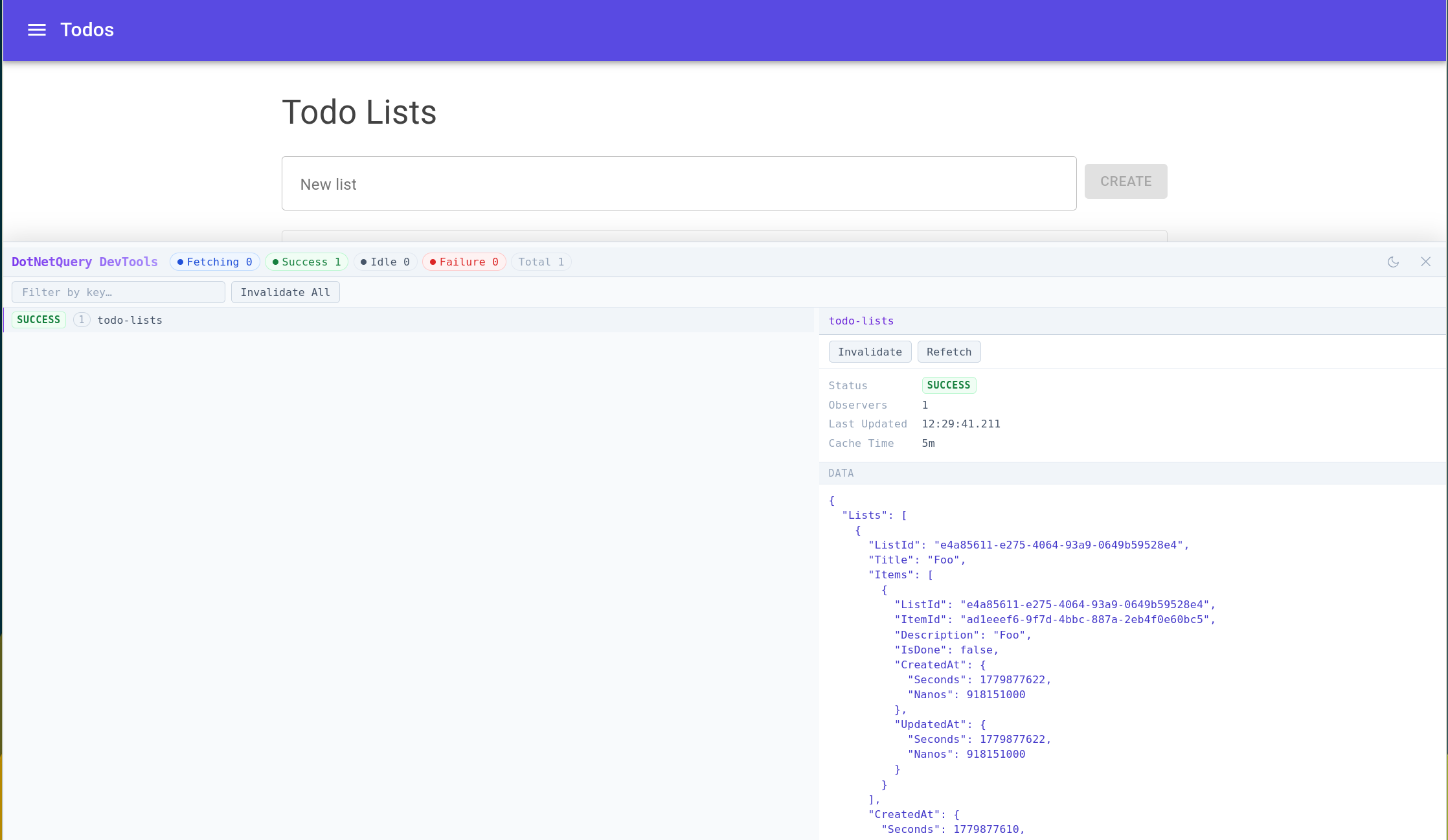 DevTools panel showing the query list and detail view